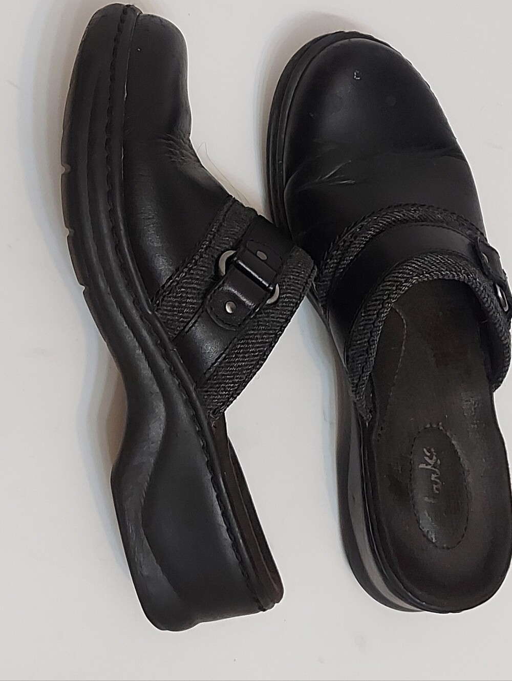 Clarks Black Leather Slip-On Mules with Woven Trim